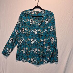 Adrianna Papell Top XL Teal Floral Silky Boho Cottagecore Flowy Feminine Chic